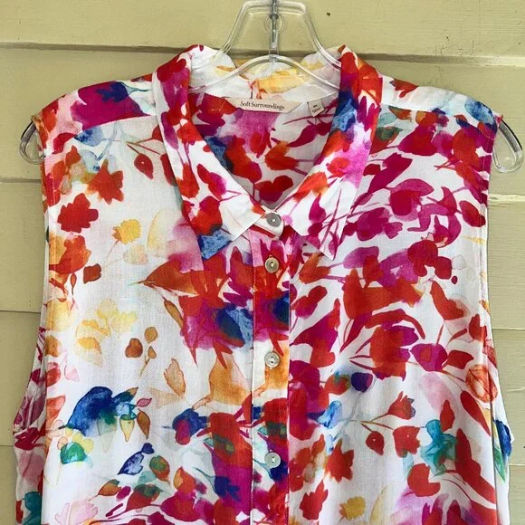 SOFT SURROUNDINGS Summer Blooms Sleeveless Button Front Tunic Blouse - Picture 4 of 10